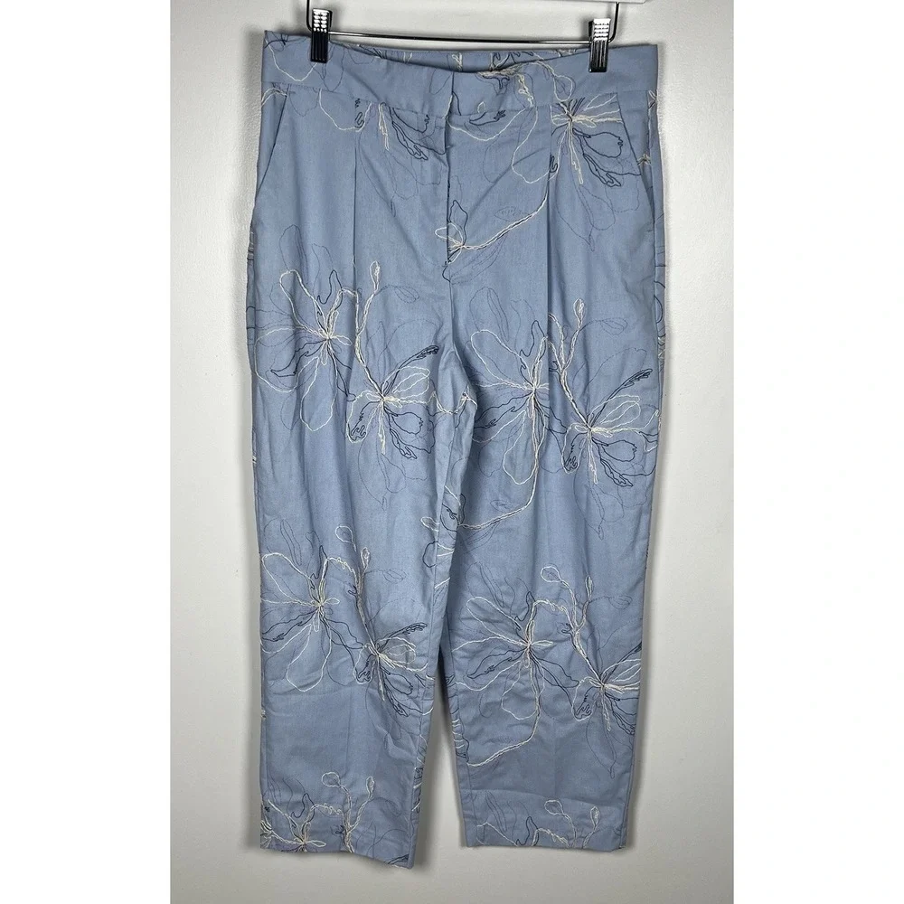 Zara Size Medium Blue Floral Embroidery High Rise Ankle Pleated Pants‎ NWOT